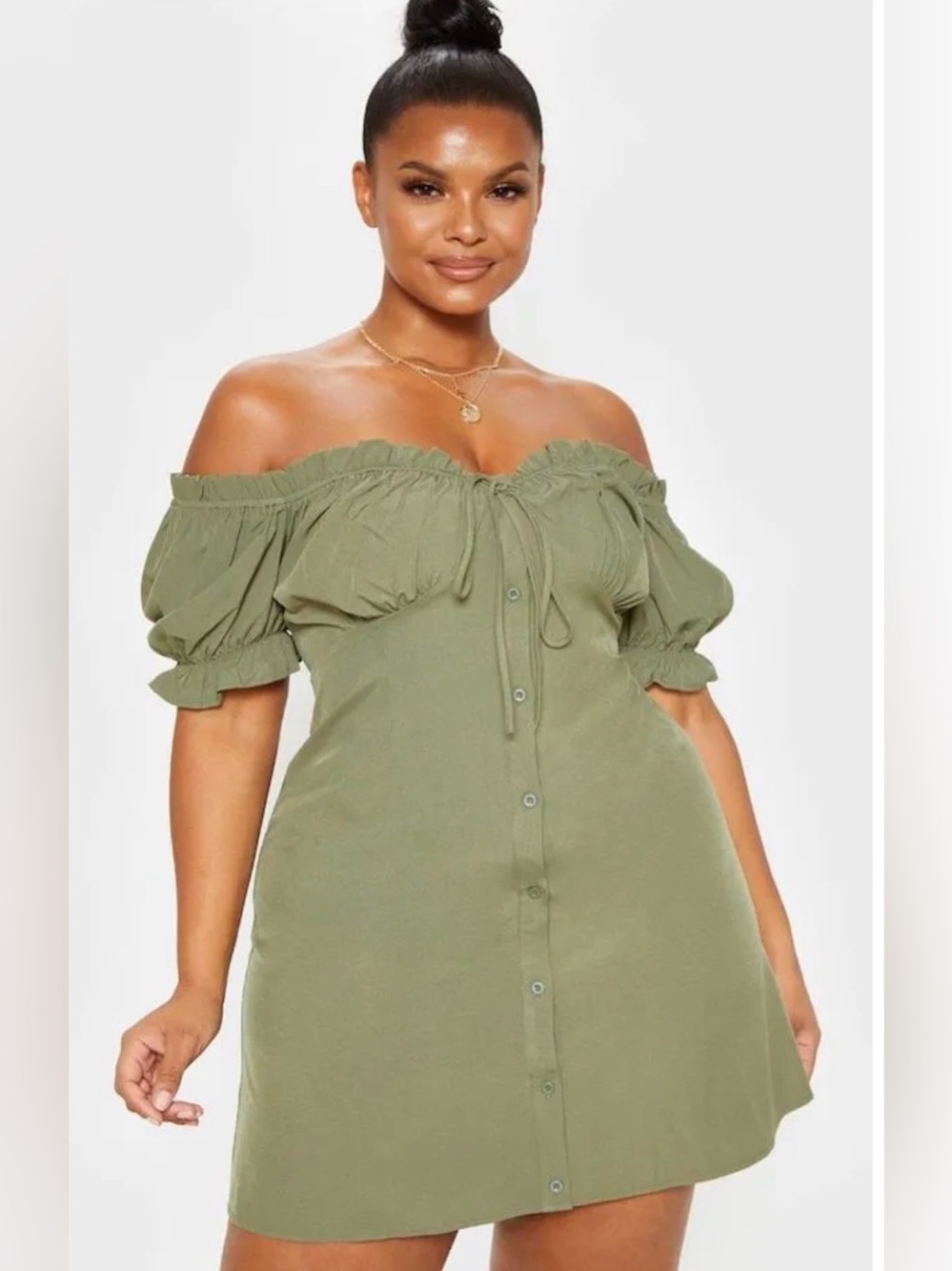 PrettyLittleThing Olive Off-Shoulder Button Dress